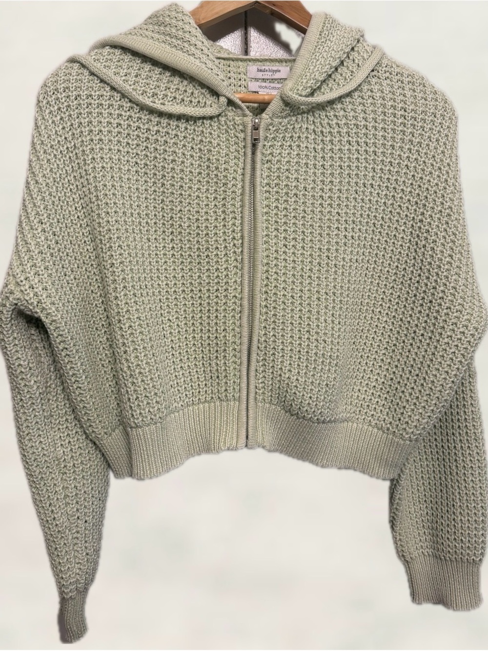 Haute Hippie Sage Green Hooded Zip Knit Cardigan size large 100%cotton